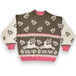 L.S.A. Classics Size Large Pink-Brown-Ivory Reindeer Sweater